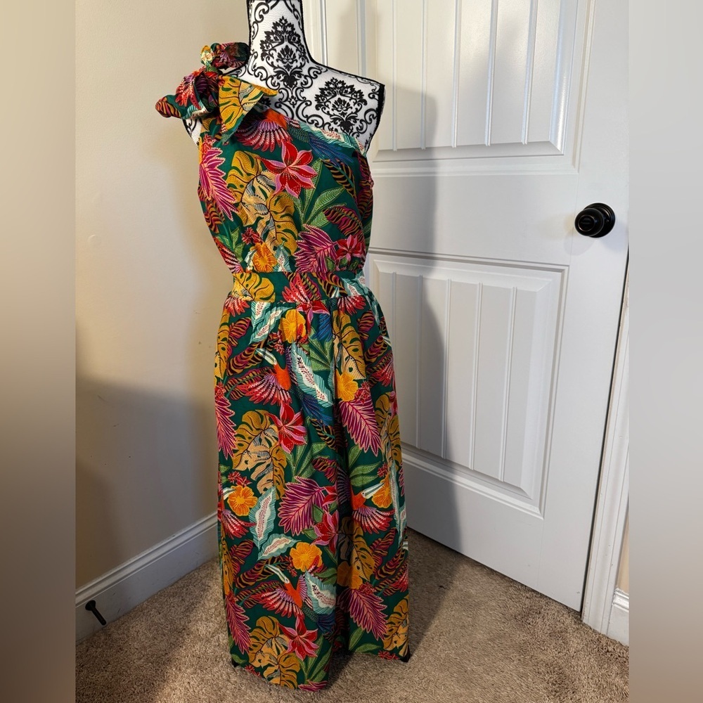 Gibson Latimer One-Shoulder Tropical Floral Dress in Green, Pink & Yellow
